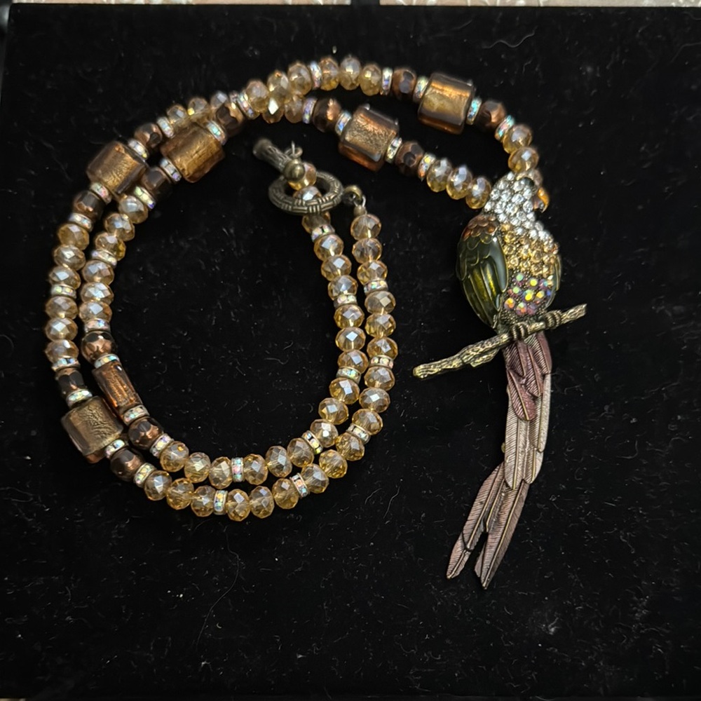 Beaded Parrot Necklace with Gold and Brown Accents